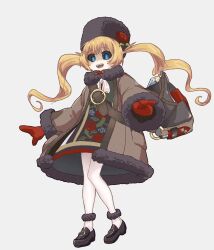 1girl 2s0y04 bag belt belt_buckle black_hat black_sclera black_shoes blue_eyes brown_belt brown_coat buckle coat colored_sclera floral_print full_body gloves grimms_echoes hat open_clothes open_coat open_mouth orange_hair red_gloves shaded_face shoes simple_background smile solo teeth upper_teeth_only void_gerda_(grimms_echoes) white_background winter_gloves