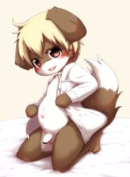 Rule 34 | 1boy, animal ears, bar censor, blush, bottomless, censored, dog ears, dog tail, flaccid, furry, furry male, highres, looking at viewer, male focus, navel, nipples, open clothes, open shirt, original, penis, red eyes, sateka, shirt, sitting, smile, solo, tail, testicles
