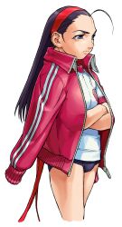Rule 34 | 1girl, absurdres, ahoge, arm out of sleeve, black buruma, black hair, buruma, cropped legs, crossed arms, edaki shin&#039;ya, from side, game cg, gym shirt, gym uniform, hairband, highres, iinchou (justice gakuen), jacket, justice gakuen, long hair, moero! justice gakuen, non-web source, official art, open clothes, open jacket, red hairband, shirt, simple background, solo, track jacket, white background, white shirt