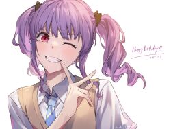 1girl bang_dream! blue_necktie blush brown_sweater_vest clenched_teeth commentary dated drill_hair english_commentary greyscale hand_up haneoka_school_uniform happy_birthday highres kanade_(kanade_3344) looking_at_viewer monochrome necktie one_eye_closed purple_hair red_eyes school_uniform shirt simple_background sketch smile solo sweater_vest teeth twin_drills twintails udagawa_ako unfinished upper_body white_background white_shirt