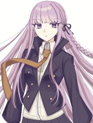 1girl black_jacket black_ribbon black_skirt braid breasts brown_necktie closed_mouth collared_shirt cowboy_shot danganronpa:_trigger_happy_havoc danganronpa_(series) hair_ribbon highres jacket kirigiri_kyoko kirinkii7716 large_breasts long_hair long_sleeves looking_at_viewer necktie open_clothes open_jacket pink_eyes pleated_skirt ribbon shirt side_braid simple_background skirt solo white_shirt