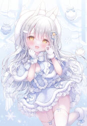 1girl :d angel animal_ears bandaid bandaid_hair_ornament beads bell blue_background blue_bow blue_bowtie blue_capelet blue_dress blue_ribbon blush boots bow bowtie breasts capelet christmas_ornaments cleavage cleavage_cutout clothing_cutout comiket_103 commentary_request curtains dated dress floating_hair foot_out_of_frame frilled_dress frills fur-trimmed_boots fur-trimmed_capelet fur-trimmed_dress fur-trimmed_gloves fur_trim glint gloves hair_beads hair_bell hair_between_eyes hair_bow hair_ornament hands_up highres knee_up long_hair multiple_hair_bows ok_sign omochi_monaka open_mouth original rabbit_ears ribbon short_dress sidelocks signature skindentation small_breasts smile snowflake_print snowflakes socks solo thighhighs twitter_username wavy_hair white_boots white_hair white_socks wings yellow_eyes zettai_ryouiki