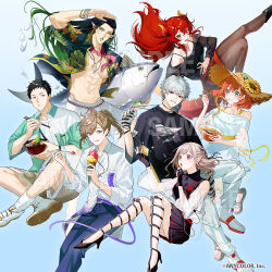 3girls 4boys abs animal arm_up bare_shoulders black_boots black_choker black_gloves black_hair black_shirt black_skirt blue_background blue_pants boots bowl brown_eyes brown_hair brown_hat brown_pantyhose brown_shorts carrying carrying_under_arm choker chopsticks collared_shirt commentary_request cube dola_(nijisanji) dragon_girl dragon_horns dragon_tail dress dress_shirt elu_(nijisanji) fingerless_gloves fish floral_print flower food forehead gloves gradient_background gradient_hair green_hair green_lips grey_hair grin hanabatake_chaika hat hat_flower hawaiian_shirt high_heels holding holding_bowl holding_chopsticks holding_food honma_himawari horns ice_cream ice_cream_cone jacket kanae_(nijisanji) knees_together_feet_apart kuzuha_(nijisanji) looking_at_viewer multicolored_hair multiple_boys multiple_girls multiple_scoops navel nijisanji noodles off-shoulder_dress off-shoulder_shirt off_shoulder official_art open_clothes open_shirt pants pantyhose pleated_skirt pointy_ears print_shirt ramen red_eyes red_hair red_skirt riz3 sample_watermark shirt shoe_soles shoes short_sleeves shorts skirt smile socks straw_hat striped_clothes striped_gloves sunflower tail tongue tongue_out virtual_youtuber water_drop watermark white_dress white_jacket white_pants white_shirt white_shoes white_shorts white_socks yashiro_kizuku yellow_flower