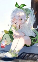 1girl absurdres alternate_costume alternate_hairstyle aranara_(genshin_impact) bright_pupils cross-shaped_pupils cup disposable_cup drinking full_body genshin_impact gradient_hair green_eyes green_hair green_hairband green_shoes green_shorts grey_hair hairband high_ponytail highres holding holding_cup imasaki_kei long_hair looking_at_viewer multicolored_hair musical_note nahida_(genshin_impact) outdoors pointy_ears ponytail shirt shoes short_sleeves shorts single_off_shoulder sitting socks solo spoken_musical_note symbol-shaped_pupils twitter_username white_pupils white_shirt white_socks
