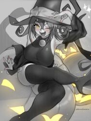 Rule 34 | 1girl, black leotard, blair (soul eater), boots, breasts, detached sleeves, dress, grey background, greyscale, happy, harutoyumaarts, hat, jack-o&#039;-lantern, large breasts, leg up, leotard, long hair, looking at viewer, monochrome, one eye closed, open mouth, pumpkin, sitting, smile, solo, soul eater, sparkle, thigh boots, thighs, turtleneck, turtleneck dress, wide hips, witch, witch hat, yellow eyes