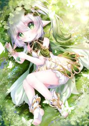 1girl :o bare_shoulders bloomers bracelet commentary_request detached_sleeves dress feet genshin_impact gold_trim gradient_hair green_eyes green_hair green_sleeves hair_between_eyes hamiyamiko jewelry light_blush long_hair looking_at_viewer lying multicolored_hair nahida_(genshin_impact) on_grass on_side partial_commentary pointy_ears side_ponytail signature sleeveless sleeveless_dress soles solo star-shaped_pupils star_(symbol) stirrup_legwear symbol-shaped_pupils toeless_legwear toes underwear white_bloomers white_dress white_hair