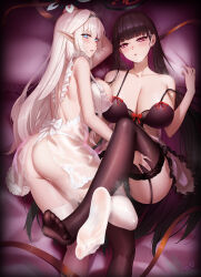 Rule 34 | 2girls, absurdres, aged up, black hair, blue archive, blue eyes, blush, breasts, feet, garter straps, highres, himari (blue archive), large breasts, lingerie, long hair, looking at viewer, mato kuroi, multiple girls, parted lips, pointy ears, red eyes, rio (blue archive), see-through clothes, see-through legwear, soles, strap slip, thighhighs, toes, underwear, white hair, white thighhighs