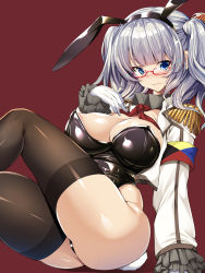 Rule 34 | &gt;:3, 1girl, :3, absurdres, animal ears, areola slip, beret, bespectacled, black leotard, black thighhighs, blue eyes, blunt bangs, blush, breasts, epaulettes, fake animal ears, female focus, frilled sleeves, frills, glasses, gloves, hat, highres, kantai collection, kashima (kancolle), kerchief, large breasts, leotard, looking at viewer, military, military uniform, playboy bunny, rabbit ears, rabbit tail, red-framed eyewear, shiny clothes, shiny skin, simple background, smile, solo, strapless, strapless leotard, tail, thighhighs, torisan, tsurime, twintails, v-shaped eyebrows, wavy hair, white gloves
