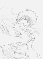 Rule 34 | 1boy, absurdres, cigarette, cowboy bebop, greyscale, highres, male focus, monochrome, nakamura yutaka, simple background, smoking, solo, spike spiegel, white background
