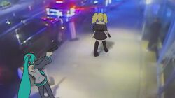 Rule 34 | 2girls, absurdres, aiming, aqua hair, aqua necktie, aqua trim, bare shoulders, black thighhighs, blonde hair, car, full body, grey shirt, grok (xai), gun, handgun, hatsune miku, highres, holding, holding gun, holding weapon, killing of brian thompson, long hair, motor vehicle, multiple girls, necktie, night, number tattoo, obsidianwasp, outdoors, photo background, shirt, sidewalk, tattoo, thighhighs, twintails, vocaloid, walking, weapon, weapon request, xai (company)