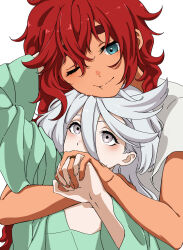 2girls absurdres closed_mouth commentary dark-skinned_female dark_skin english_commentary green_shirt grey_eyes gundam gundam_suisei_no_majo hand_in_another&#039;s_hair highres himmel_(keine_haare) holding_hands interlocked_fingers jewelry long_hair miorine_rembran multiple_girls one_eye_closed red_hair ring shirt short_sleeves simple_background smile suletta_mercury thick_eyebrows upper_body wedding_ring white_background white_hair white_shirt wife_and_wife yuri