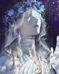 1girl absurdres blue_eyes braid caio_santos doll_joints dress elden_ring elden_ring_nightreign hand_up head_wreath highres jewelry joints long_hair looking_to_the_side low_twin_braids painterly pale_skin portrait revenant_(elden_ring) solo twin_braids wavy_hair white_dress white_hair