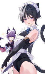 Rule 34 | + +, 2boys, :p, absurdres, alternate costume, animal ears, apron, black gloves, black hair, black leotard, black sleeves, black tail, blue eyes, blunt ends, blush, cat boy, cat ears, cat tail, chobonu, commentary, crossdressing, dragon horns, dragon wings, durin (genshin impact), enmaided, fingerless gloves, genshin impact, gloves, highres, horns, kemonomimi mode, leotard, long sleeves, maid, maid apron, maid headdress, male focus, male maid, mini durin (genshin impact), multiple boys, open mouth, scaramouche (genshin impact), short hair, tail, tongue, tongue out, wanderer (genshin impact), white background, wings