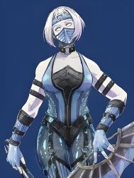 1girl breasts fan grey_eyes highres khameleon mask mortal_kombat_(series) mortal_kombat_1_(2023) solo white_hair