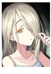 1girl :o bare_shoulders brown_hair camisole collarbone earrings eyelashes gakuen_idolmaster hair_over_one_eye hand_up holding holding_own_hair idolmaster jewelry long_hair looking_at_viewer orange_eyes portrait shinosawa_hiro shirt solo stud_earrings sumomo_otome white_shirt