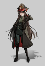 1girl absurdres bandage_over_one_eye black_coat black_hat black_shoes boots closed_mouth coat fate/grand_order fate_(series) full_body gloves green_jacket green_pants hand_up hat highres jacket long_sleeves looking_at_viewer oda_nobunaga_(fate) oda_nobunaga_(koha-ace) oda_uri open_clothes open_coat pants peaked_cap red_eyes shadow shoes simple_background solo standing white_gloves xixing_chun