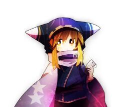 1boy blue_jacket bright_pupils brown_hair cape commentary_request cowboy_shot eyes_visible_through_hair hood hood_up hooded_jacket jacket kirby_(series) long_sleeves magolor male_focus nintendo personification short_hair_with_long_locks simple_background solo star_(symbol) usagi_nui white_background white_cape white_pupils wide_sleeves yellow_eyes
