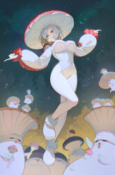 1girl bob_cut breasts commentary covered_navel english_commentary full_body highleg highleg_leotard highres large_breasts leotard mushroom mushroom_girl mushroom_girl_(timbougami) mushroom_hat original puffy_sleeves red_eyes short_hair smile solo timbougami white_hair white_leotard