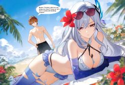 1boy 1girl beach between_breasts bikini black-framed_eyewear blue_bikini blue_eyes blue_gloves blue_sky blue_thighhighs breast_strap breasts chest_strap cleavage closed_mouth cloud cloudy_sky collarbone elbow_gloves english_text eyewear_on_head facing_viewer feather_hair_ornament feathers flower genshin_impact gloves grey_hair hair_between_eyes hair_flower hair_ornament hand_on_own_hip hip_strap kitera knife large_breasts long_hair looking_at_viewer lying male_swimwear navel ocean on_side orange_hair palm_tree red_eyes red_flower skirk_(genshin_impact) sky smile standing swim_trunks swimsuit tartaglia_(genshin_impact) teeth thighhighs tree very_long_hair
