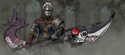 1other ambiguous_gender armor blue_shirt brown_gloves chainmail chosen_undead commentary cosplay dark_souls_(series) dark_souls_i ellen_joe ellen_joe_(cosplay) english_commentary faulds fins fish_tail gloves grey_background highres holding holding_polearm holding_weapon knight maid_headdress other_focus pauldrons polearm pun shark_tail shirt shoulder_armor single_pauldron solo spear stirfriedspam tail tree upper_body weapon zenless_zone_zero