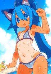animal_ear_fluff animal_ears armpits bikini blonde_hair blue_bikini blue_eyes blue_hair blush breasts closed_eyes fox_ears fox_girl gluteal_fold hair_between_eyes highres innertube long_hair looking_at_viewer navel ocean open_mouth original ponytail small_breasts stomach swim_ring swimsuit tan tanline teeth tsukinoha_mio upper_teeth_only very_long_hair wet