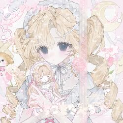 1girl absurdres blonde_hair blue_eyes blush bow commentary_request dress drill_hair flower frills hair_ornament highres holding lolita_fashion long_hair looking_at_viewer original pink_flower puffy_short_sleeves puffy_sleeves ribbon shi_mita short_sleeves solo stuffed_toy twintails upper_body white_bow white_dress