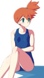 1girl blue_one-piece_swimsuit breasts closed_mouth collarbone commentary_request expressionless eyelashes green_eyes haloh highres knees looking_to_the_side misty_(pokemon) nintendo one-piece_swimsuit one_side_up orange_hair pokemon pokemon_frlg sitting solo swimsuit