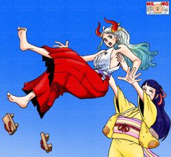 Rule 34 | 2girls, ^ ^, blue sky, blunt bangs, carrying, carrying person, closed eyes, commentary request, couchpotato op, geta, hair ribbon, hakama, highres, japanese clothes, kikunojo (one piece), kimono, multiple girls, obi, one piece, ponytail, red hakama, ribbon, rope, sash, shimenawa, sky, white kimono, wide sleeves, yamato (one piece), yellow kimono