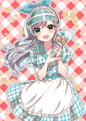 1girl :d absurdres apron blue_hat blue_ribbon blush breasts collarbone collared_shirt crepe dress_shirt food frilled_apron frills grey_eyes grey_hair hair_between_eyes hair_ribbon hands_up hat highres hisakawa_hayate holding holding_food idolmaster idolmaster_cinderella_girls idolmaster_cinderella_girls_starlight_stage looking_at_viewer open_mouth outline plaid_background plaid_clothes plaid_shirt plaid_skirt ponytail puffy_short_sleeves puffy_sleeves ribbon shirt short_sleeves skirt small_breasts smile solo star_(symbol) tottoto_tomekichi visor_cap white_apron white_outline