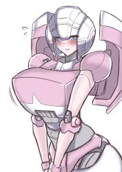 1girl absurdres android arcee autobot backpack bag blue_eyes closed_mouth cowboy_shot embarrassed frown helmet highres humanoid_robot konro_yoyogei looking_at_viewer mecha metal_skin no_humans pink_lips robot robot_girl science_fiction simple_background solo thighs transformers transformers:_generation_1 v_arms white_background