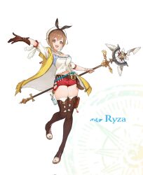 1girl arm_up atelier_(series) atelier_ryza atelier_ryza_1 beret breasts bridal_legwear brown_eyes brown_gloves brown_hair character_name cleavage full_body gloves hat highres holding holding_staff jacket jewelry large_breasts midriff navel necklace open_mouth pouch red_shorts reisalin_stout sanzio76 shirt short_hair short_shorts shorts single_glove sleeveless sleeveless_jacket solo staff standing standing_on_one_leg star_(symbol) star_necklace thigh_pouch vial white_background white_hat white_shirt yellow_jacket