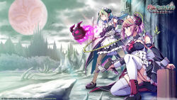 2girls bare_shoulders black_dress black_horns black_pantyhose breasts castle copyright_name demon_girl demon_horns demon_lord_maxim_(galgun) dress fire floating_skull full_body gal_guardians gal_gun_(series) garter_straps green_hair gun highres holding holding_gun holding_weapon holding_whip horns kirika_(galgun) large_breasts long_hair maid maid_headdress masanori_ito masha_(galgun) multicolored_hair multiple_girls official_art on_one_knee pantyhose pink_hair purple_fire release_celebration short_hair siblings sisters small_breasts standing streaked_hair thighhighs two-tone_hair weapon white_thighhighs