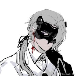 1boy astolfo_(project_moon) bear_mask black_coat black_necktie coat collared_shirt frills grey_hair hair_over_one_eye hair_ribbon library_of_ruina low_ponytail male_focus mask necktie ponytail project_moon ribbon second-party_source shirt side-eyed solo swept_bangs upper_body white_background white_shirt wuruko yellow_eyes