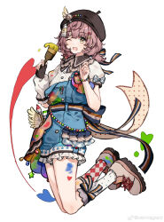 1girl ;d absurdres asymmetrical_footwear bead_bracelet beads beret blue_bow bow bracelet brown_eyes brown_hair commentary detached_sleeves dot_nose feet_up fingerless_gloves fluffy_hair frilled_skirt frills full_body gloves hair_ornament hat highres holding holding_paintbrush idolmaster idolmaster_shiny_colors ikuta_haruki jewelry jumping looking_at_viewer low_twintails medium_hair messy_hair migolu mismatched_footwear one_eye_closed open_mouth overall_skirt paint paint_stains paintbrush puffy_detached_sleeves puffy_short_sleeves puffy_sleeves shirt shoes short_sleeves short_twintails single_detached_sleeve single_fingerless_glove single_glove skirt smile socks solo suspenders suspenders_slip symbol-only_commentary twintails watermark weibo_watermark white_background white_shirt