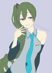 Rule 34 | 1girl, ai-da-melody, bare shoulders, black skirt, black sleeves, blue nails, blue necktie, closed mouth, collared shirt, cosplay, detached sleeves, green hair, grey shirt, hair between eyes, hand up, hatsune miku, hatsune miku (cosplay), long hair, long sleeves, looking at viewer, nail polish, necktie, purple eyes, shirt, side ponytail, signature, skirt, sleeveless, sleeveless shirt, smile, solo, sousou no frieren, tie clip, ubel (sousou no frieren), very long hair, vocaloid, wide sleeves