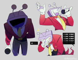 1boy absurdres ant_tenna black_pants blush commentary crt deltarune english_commentary english_text fangs gloves grey_background highres holding holding_microphone male_focus microphone multiple_views necktie nnsn_gnbe object_head open_mouth pants pointy_nose simple_background speech_bubble sweat tailcoat twitter_username white_gloves yellow_necktie