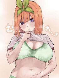 1girl blush bra breasts clothes_lift commentary_request go-toubun_no_hanayome green_bra green_hairband green_panties gym_shirt hairband highres large_breasts lifting_own_clothes long_hair marimo_625 nakano_yotsuba navel orange_background orange_hair panties parted_lips purple_eyes shirt shirt_lift short_hair solo sound_effects stomach underwear upper_body white_shirt