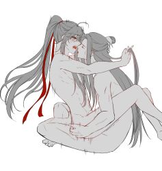 Rule 34 | 2boys, after kiss, ahoge, anal, blush, chinese clothes, closed eyes, completely nude, from side, grabbing another&#039;s ass, greyscale, groping, hair ribbon, hand in another&#039;s hair, hand on another&#039;s ass, hand on another&#039;s head, highres, holding another&#039;s hair, implied sex, koma horen, lan wangji, leg lock, long hair, looking at another, male focus, male penetrated, modao zushi, monochrome, motion lines, multiple boys, nude, open mouth, ponytail, profile, red ribbon, ribbon, saliva, saliva trail, sex, sidelocks, simple background, sitting, sitting on lap, sitting on person, spot color, straddling, sweat, tongue, tongue out, topknot, upright straddle, very long hair, wei wuxian, white background, xiao guan (headdress), yaoi