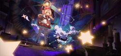 1girl 2025 absurdres artist_name black_shoes blonde_hair cat genshin_impact grin hat highres klee_(genshin_impact) looking_up red_eyes red_hat red_skirt shirt shoes skirt smile socks solo standing star_(symbol) teeth user_jwkz8373 white_shirt white_socks