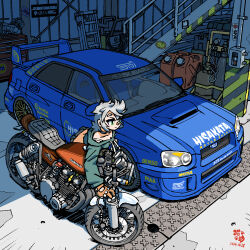 1girl aqua_hoodie bandaid bandaid_on_face bandaid_on_nose car choker commission cropped_hoodie dated drawstring garage gas_can green_eyes grey_hair highres hood hoodie motor_vehicle motorcycle necosuke original scenery spoiler_(automobile) sports_car subaru_(brand) subaru_impreza tactile_paving vehicle_focus vgen_commission