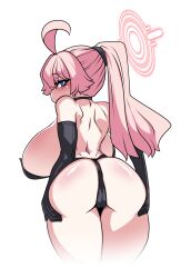 1girl ahoge alternate_breast_size ass bare_back bare_shoulders black_gloves blue_archive blue_eyes blush breasts elbow_gloves gloves halo highres hoshino_(blue_archive) huge_ahoge huge_ass huge_breasts lazy_ant long_hair looking_at_viewer looking_back pink_hair pink_halo ponytail solo thick_thighs thighs