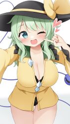 1girl absurdres black_bra black_hat black_panties blush bra breasts cleavage commission green_eyes green_hair green_sailor_collar hat hat_ribbon highres komeiji_koishi large_breasts long_hair looking_at_viewer one_eye_closed open_mouth panties pixiv_commission ribbon sailor_collar shirt simple_background smile solo suwa_yasai touhou underwear white_background yellow_ribbon yellow_shirt
