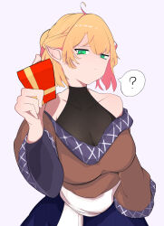 1girl ? absurdres ahoge black_shirt blonde_hair breasts brown_shirt closed_mouth commentary_request cowboy_shot frown futanoki gift green_eyes half_updo high_ponytail highres holding holding_gift large_breasts looking_at_viewer mizuhashi_parsee pointy_ears ponytail sash see-through_cleavage see-through_clothes shirt short_hair simple_background sleeveless sleeveless_shirt solo spoken_question_mark touhou undershirt valentine white_background white_sash wide_sleeves