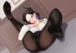 1girl absurdres against_wall aiharararara asymmetrical_horns black_hair black_panties black_pantyhose blue_hair breasts clothes_lift colored_inner_hair commentary demon_horns earrings english_commentary feet finger_to_mouth flower foot_up hair_behind_ear highres hololive hololive_english horn_flower horns indoors jewelry large_breasts looking_at_viewer lying mole mole_under_eye multicolored_hair nail_polish nerissa_ravencroft nerissa_ravencroft_(casual) office_lady official_alternate_costume official_alternate_hair_length official_alternate_hairstyle on_back panties panties_under_pantyhose pantyhose parted_bangs partially_unbuttoned presenting red_eyes semi-rimless_eyewear shirt short_hair skirt skirt_lift soles solo spread_legs thighs toes underwear uneven_horns virtual_youtuber white_shirt
