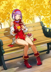 asamiya_athena bench boots hair_ornament idol psycho_soldier purple_hair red_boots snk star_(symbol) star_hair_ornament the_king_of_fighters the_king_of_fighters_xv