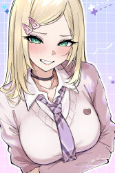 1girl arm_under_breasts black_choker blonde_hair blush breasts cardigan choker clenched_teeth collared_shirt dress_shirt green_eyes gyaru hair_ornament hairclip highres jewelry kurumi_noah kurumi_noah_(8th_costume) large_breasts long_hair long_sleeves looking_at_viewer muton_(muton82) necklace necktie parallel_hairclips parted_bangs plaid_clothes plaid_necktie purple_cardigan purple_necktie school_uniform shirt solo teeth upper_body virtual_youtuber vspo! white_shirt