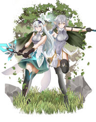 Rule 34 | 2girls, absurdres, alternate universe, anoreika tomoe, armor, black boots, black hairband, boots, cape, commentary, elf, firefly (honkai: star rail), green cape, green skirt, green thighhighs, grey hair, hairband, highres, holding, holding sword, holding weapon, honkai: star rail, honkai (series), long hair, multiple girls, pointy ears, purple eyes, shirt, skirt, stelle (honkai: star rail), sword, thigh boots, thighhighs, trailblazer (honkai: star rail), weapon, white shirt, yellow eyes