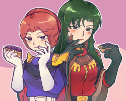 2girls breasts cima_garahau elbow_gloves gloves green_eyes green_hair gundam gundam_0083 gundam_gquuuuuux kycilia_zabi long_hair looking_at_viewer multiple_girls orange_hair purple_eyes shizuoka_(sz0k) smile upper_body white_gloves