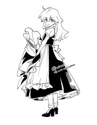 Rule 34 | 1girl, apron, black shoes, black skirt, black vest, blonde hair, braid, frills, from side, full body, hat, high heels, highres, holding, holding unworn clothes, holding unworn hat, kirisame marisa, long hair, looking at viewer, looking to the side, monochrome, natsume (menthol), shirt, shoes, short sleeves, skirt, smile, socks, solo, touhou, twitter username, unworn hat, unworn headwear, vest, white shirt, white socks
