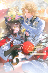 1boy 1girl absurdres black_gloves blonde_hair boots bow brown_hair cape cat earrings fingerless_gloves flower frills gloves guozi375 hair_ornament head_wreath highres holding holding_flower jewelry long_hair long_sleeves looking_at_another open_mouth original petals puffy_sleeves red_cape sitting smile thigh_boots thighhighs yellow_eyes